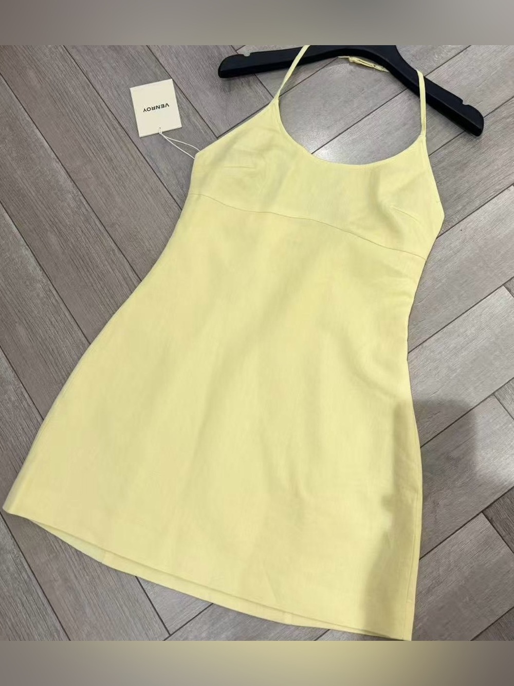 Venroy Scoop Neck Linen Halter Mini Dress - Pastel Yellow - Picture 5 of 7